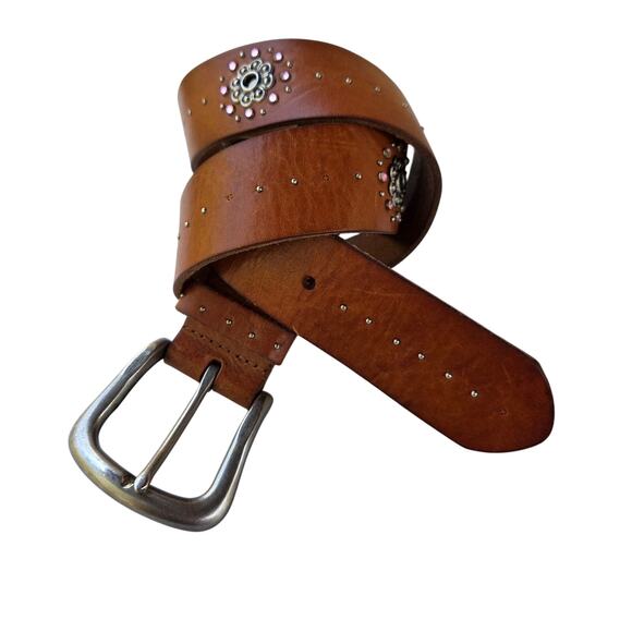 Y2K Fossil Brown Leather Belt M Floral Medallion Pink Crystal Glam - Picture 1 of 8